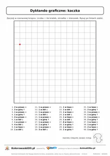 Dyktando graficzne kaczka — karta pracy do druku, siatka 14×14, 40 poleceń ze strzałkami, poziom średni