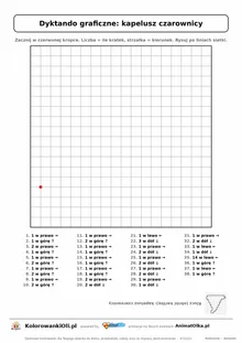 Dyktando graficzne kapelusz czarownicy — karta pracy do druku, siatka 18×18, 38 poleceń ze strzałkami, poziom średni