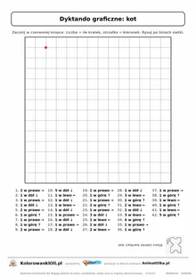 Dyktando graficzne kot — karta pracy do druku, siatka 14×14, 42 polecenia ze strzałkami, poziom trudny
