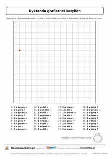 Dyktando graficzne kotylion — karta pracy do druku, siatka 14×14, 36 poleceń ze strzałkami, poziom średni