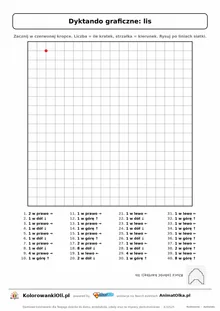 Dyktando graficzne lis — karta pracy do druku, siatka 18×18, 40 poleceń ze strzałkami, poziom średni
