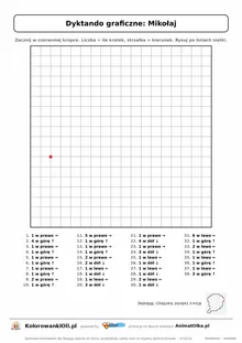 Dyktando graficzne Mikołaj — karta pracy do druku, siatka 18×18, 38 poleceń ze strzałkami, poziom średni