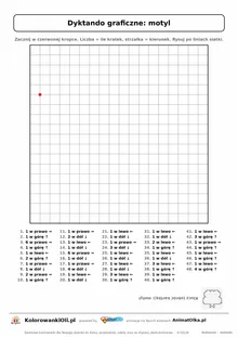 Dyktando graficzne motyl — karta pracy do druku, siatka 18×18, 48 poleceń ze strzałkami, poziom trudny