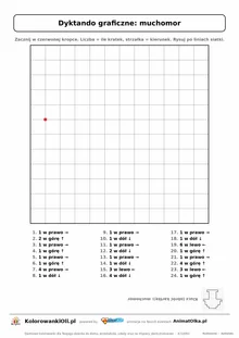Dyktando graficzne muchomor — karta pracy do druku, siatka 12×12, 24 polecenia ze strzałkami, poziom łatwy