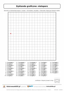 Dyktando graficzne nietoperz — karta pracy do druku, siatka 18×18, 48 poleceń ze strzałkami, poziom trudny