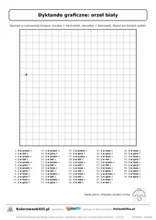 Dyktando graficzne orzeł biały — karta pracy do druku, siatka 18×18, 58 poleceń ze strzałkami, poziom trudny