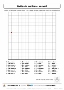 Dyktando graficzne parasol — karta pracy do druku, siatka 14×14, 32 polecenia ze strzałkami, poziom średni
