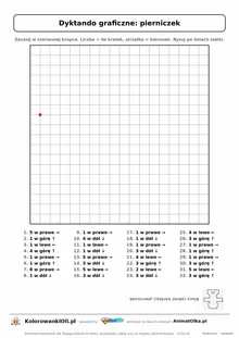 Dyktando graficzne pierniczek — karta pracy do druku, siatka 18×18, 32 polecenia ze strzałkami, poziom średni