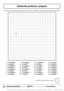 Dyktando graficzne pingwin — karta pracy do druku, siatka 18×18, 32 polecenia ze strzałkami, poziom średni