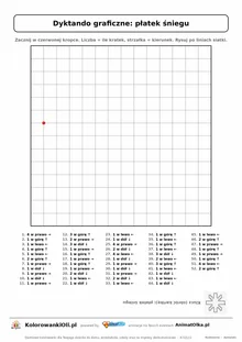 Dyktando graficzne płatek śniegu — karta pracy do druku, siatka 14×14, 52 polecenia ze strzałkami, poziom trudny