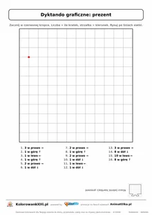 Dyktando graficzne prezent — karta pracy do druku, siatka 12×12, 16 poleceń ze strzałkami, poziom łatwy