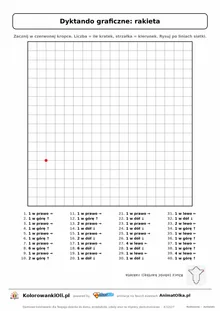 Dyktando graficzne rakieta — karta pracy do druku, siatka 18×18, 40 poleceń ze strzałkami, poziom średni