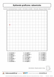 Dyktando graficzne rękawiczka — karta pracy do druku, siatka 14×14, 20 poleceń ze strzałkami, poziom łatwy