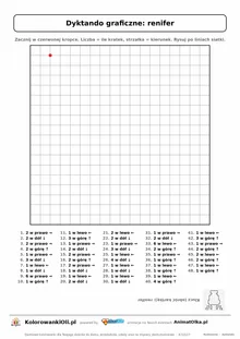 Dyktando graficzne renifer — karta pracy do druku, siatka 18×18, 48 poleceń ze strzałkami, poziom trudny