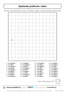 Dyktando graficzne robot — karta pracy do druku, siatka 14×14, 36 poleceń ze strzałkami, poziom średni