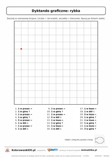 Dyktando graficzne rybka — karta pracy do druku, siatka 12×12, 24 polecenia ze strzałkami, poziom łatwy