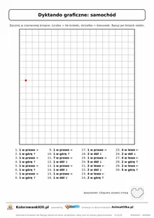 Dyktando graficzne samochód — karta pracy do druku, siatka 18×18, 30 poleceń ze strzałkami, poziom średni