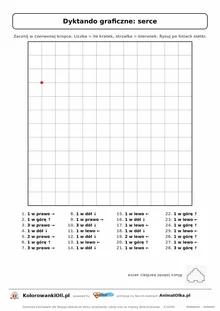 Dyktando graficzne serce — karta pracy do druku, siatka 12×12, 28 poleceń ze strzałkami, poziom średni