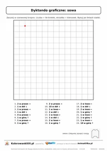 Dyktando graficzne sowa — karta pracy do druku, siatka 14×14, 24 polecenia ze strzałkami, poziom łatwy