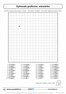 Dyktando graficzne wiewiórka — karta pracy do druku, siatka 18×18, 40 poleceń ze strzałkami, poziom średni