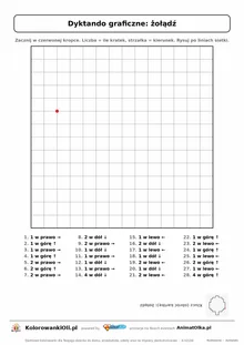Dyktando graficzne żołądź — karta pracy do druku, siatka 14×14, 28 poleceń ze strzałkami, poziom średni