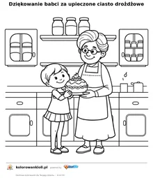 Dziękowanie babci za upieczone ciasto drożdżowe — kolorowanka do wydruku dla dzieci