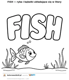 FISH — ryba i bąbelki układające się w litery — kolorowanka do wydruku dla dzieci