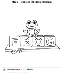 FROG — żaba na klockach z literami — kolorowanka do wydruku dla dzieci