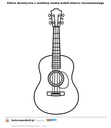 Gitara akustyczna z ozdobną rozetą wokół otworu rezonansowego — kolorowanka do wydruku dla dzieci