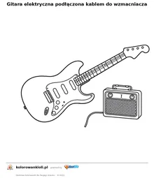 Gitara elektryczna podłączona kablem do wzmacniacza — kolorowanka do wydruku dla dzieci