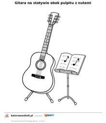 Gitara na statywie obok pulpitu z nutami — kolorowanka do wydruku dla dzieci