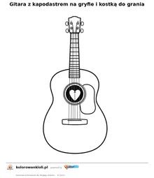 Gitara z kapodastrem na gryfie i kostką do grania — kolorowanka do wydruku dla dzieci