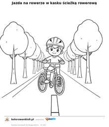 Jazda na rowerze w kasku ścieżką rowerową — kolorowanka do wydruku dla dzieci