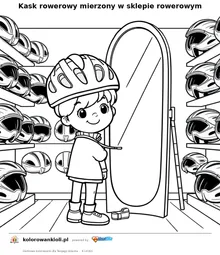 Kask rowerowy mierzony w sklepie rowerowym — kolorowanka do wydruku dla dzieci