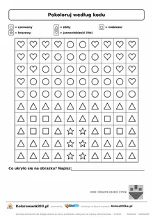 Pokoloruj według kodu dom — kolorowanka kodowana do druku, siatka 10×10, symbole i legenda kolorów