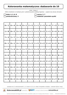 Kolorowanka matematyczna dodawanie do 10 — ukryty obrazek bałwan, siatka 10×10, do druku A4