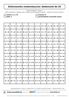 Kolorowanka matematyczna dodawanie do 10 — ukryty obrazek choinka, siatka 10×10, do druku A4