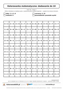 Kolorowanka matematyczna dodawanie do 10 — ukryty obrazek dom, siatka 10×10, do druku A4