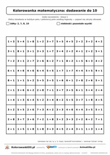 Kolorowanka matematyczna dodawanie do 10 — ukryty obrazek gwiazda, siatka 10×10, do druku A4