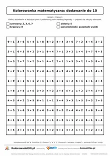 Kolorowanka matematyczna dodawanie do 10 — ukryty obrazek jabłko, siatka 10×10, do druku A4