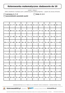 Kolorowanka matematyczna dodawanie do 10 — ukryty obrazek muchomor, siatka 10×10, do druku A4