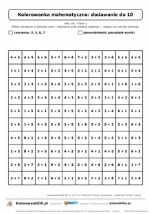 Kolorowanka matematyczna dodawanie do 10 — ukryty obrazek serce, siatka 10×10, do druku A4