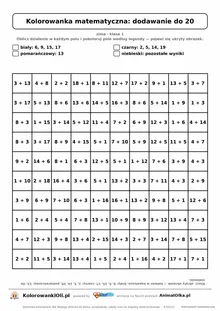 Kolorowanka matematyczna dodawanie do 20 — ukryty obrazek bałwan, siatka 10×10, do druku A4