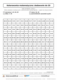 Kolorowanka matematyczna dodawanie do 20 — ukryty obrazek bombka, siatka 12×12, do druku A4