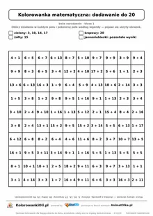 Kolorowanka matematyczna dodawanie do 20 — ukryty obrazek choinka, siatka 10×10, do druku A4