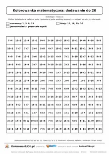 Kolorowanka matematyczna dodawanie do 20 — ukryty obrazek czapka Mikołaja, siatka 12×12, do druku A4