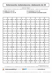 Kolorowanka matematyczna dodawanie do 20 — ukryty obrazek dom, siatka 10×10, do druku A4