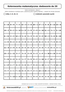Kolorowanka matematyczna dodawanie do 20 — ukryty obrazek gwiazda, siatka 10×10, do druku A4
