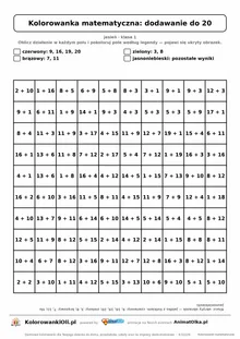 Kolorowanka matematyczna dodawanie do 20 — ukryty obrazek jabłko, siatka 10×10, do druku A4