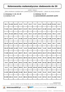 Kolorowanka matematyczna dodawanie do 20 — ukryty obrazek jeż, siatka 12×12, do druku A4